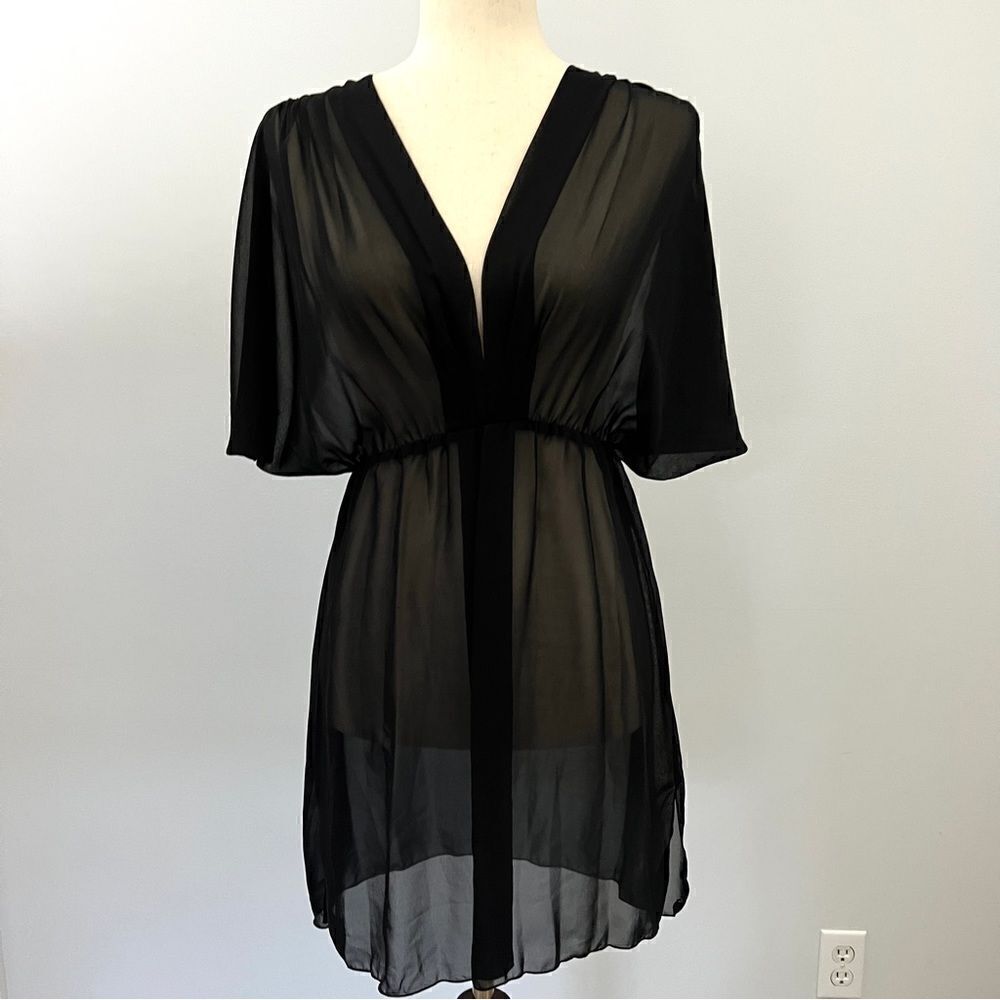 NWOT Bisou Bisou Black Sheer Cinched Waist Dress CoverUp Blouse Small